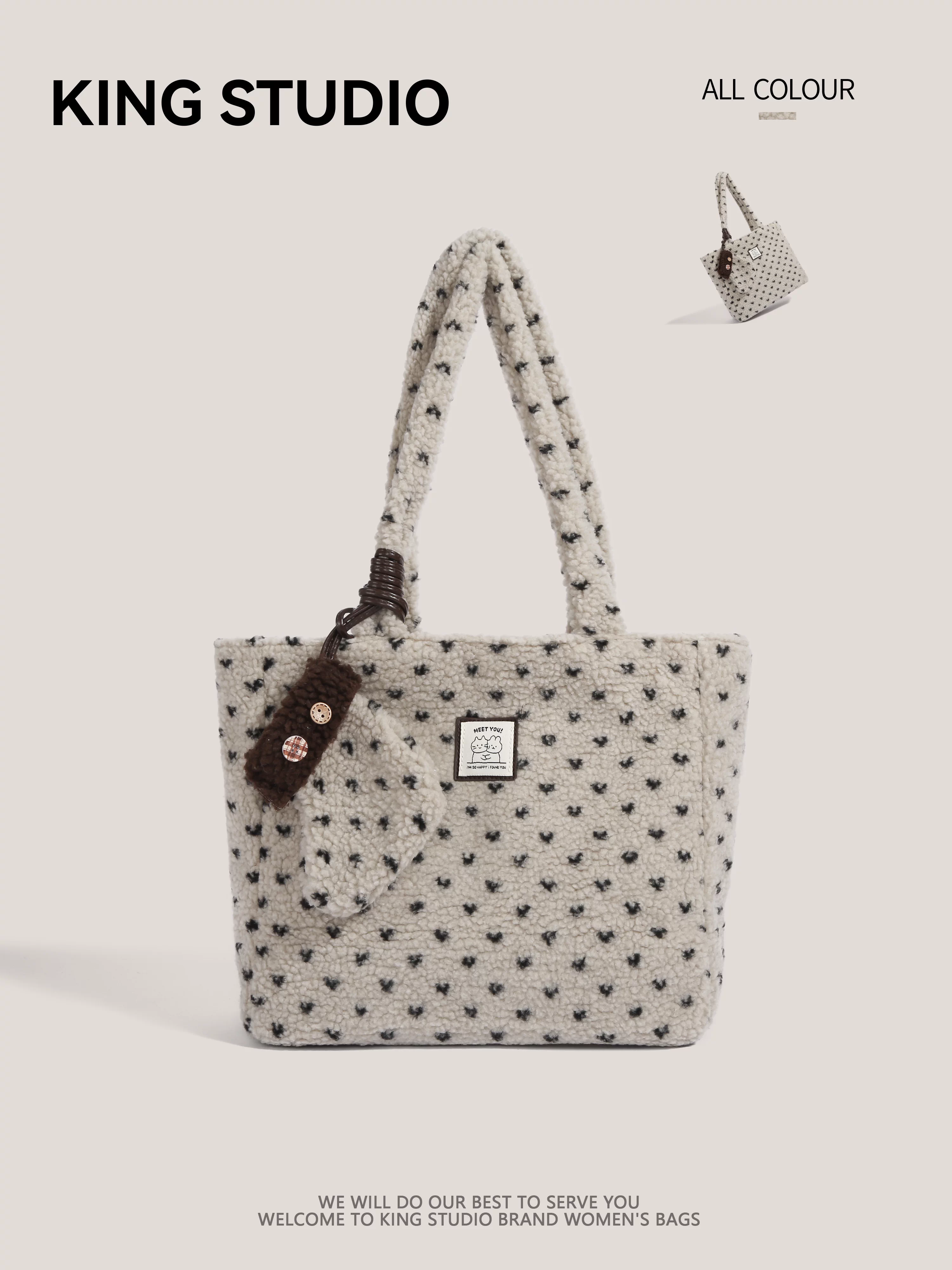 Túi tote len cừu chấm bi phong cách Hàn Quốc dành cho nữ, mẫu mới 2026, thời thượng, độc đáo, retro, đa năng, đeo vai, đi làm