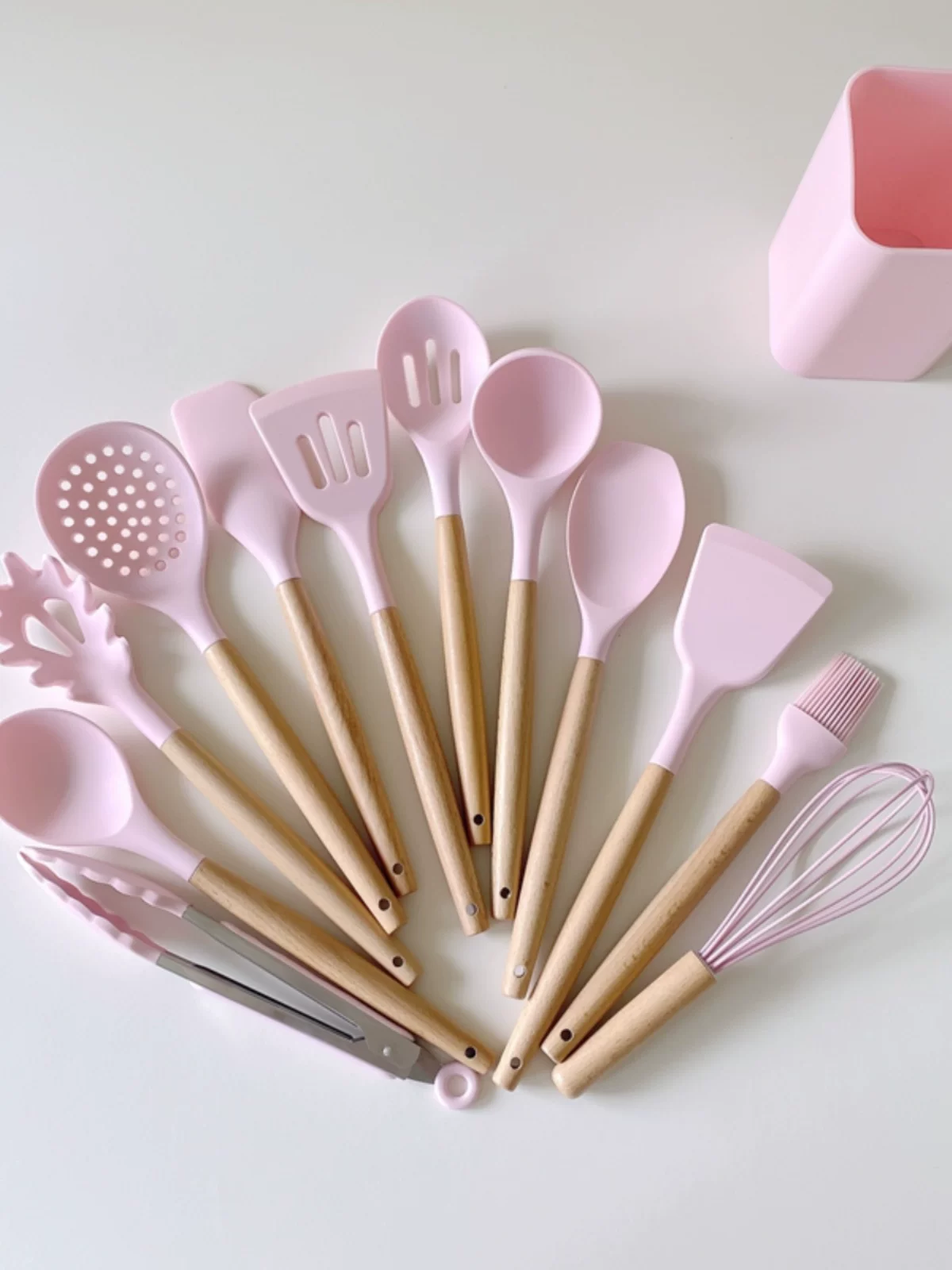 Xuất khẩu sang Hoa Kỳ, thìa silicon bảo vệ nồi, thìa nấu ăn, muỗng canh gia dụng, dụng cụ nhà bếp, chịu nhiệt độ cao, tay cầm bằng gỗ, chuyên dùng cho chảo chống dính.