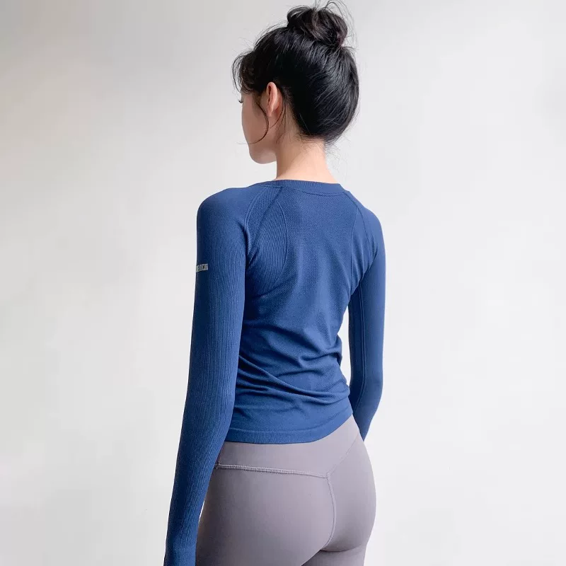 Áo tập yoga cho nữ, kiểu dáng thu đông, cổ tròn, ôm sát, co giãn cao, giảm béo, dài tay, nhanh khô, chạy bộ, tập luyện, trang phục thể dục.
