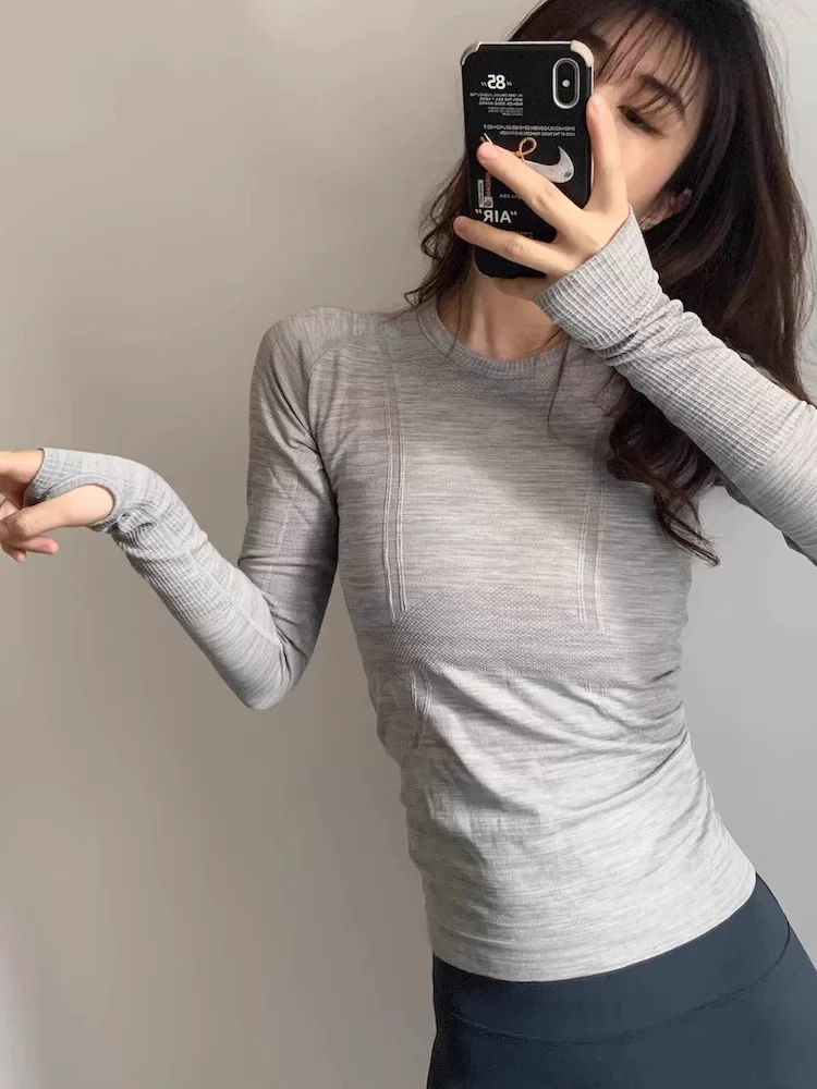 Quần áo tập yoga kiểu Lulu dành cho nữ, áo thể thao chạy bộ cổ tròn nhanh khô, áo thun dài tay tập Pilates ôm sát, thoáng khí.