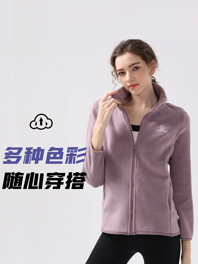 Quần áo tập thể dục dày dặn mùa thu đông dành cho nữ, áo thể thao lót lông cừu, áo khoác yoga thể thao có khóa kéo rộng rãi, thoải mái, kiểu dáng thon gọn.