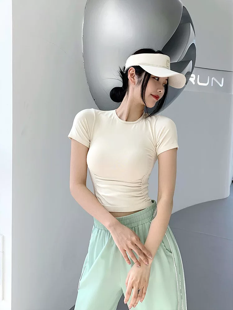 Áo thun tập thể dục dành cho nữ, xếp ly, ôm sát, gợi cảm, trang phục tập yoga đa năng, áo thể thao chạy bộ nhanh khô, tay ngắn