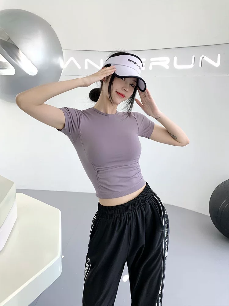 Áo thun tập thể dục dành cho nữ, xếp ly, ôm sát, gợi cảm, trang phục tập yoga đa năng, áo thể thao chạy bộ nhanh khô, tay ngắn