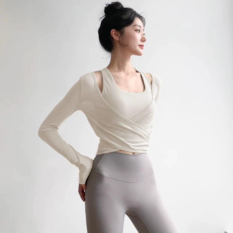 Quần áo tập yoga mùa thu, áo có đệm ngực, lưới thoáng khí, thể thao dài tay, tập chạy bộ, tập Pilates, bộ đồ tập thể dục hai mảnh