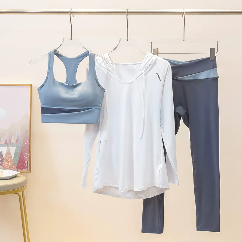 Quần áo tập yoga cho nữ vào mùa xuân và mùa hè, áo vest nâng mông cạp cao chuyên nghiệp dành cho chạy bộ và tập thể dục, bộ đồ tập thể dục nhanh khô có mũ trùm đầu dài tay