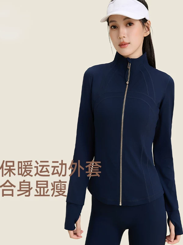 Áo thể thao cổ đứng tay dài mùa thu 2025 dành cho nữ tập luyện chạy bộ màu xanh dương ôm dáng áo khoác yoga