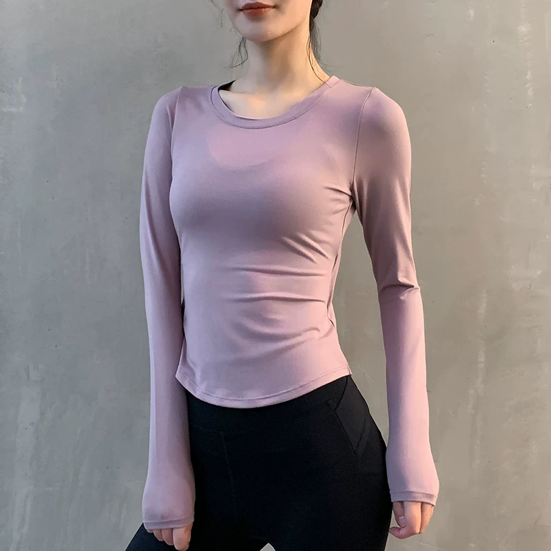Áo tập yoga cho nữ, tay dài, lưng khoét, trang phục tập thể dục gợi cảm, áo thun thể thao bó sát, áo nhanh khô cho mùa hè.