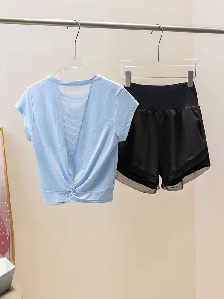 Áo thun thể thao dành cho nữ, nhanh khô, thiết kế lưng đẹp, áo tập yoga tay ngắn, bộ đồ chạy bộ buổi sáng bằng lưới thoáng khí, quần áo tập thể dục.