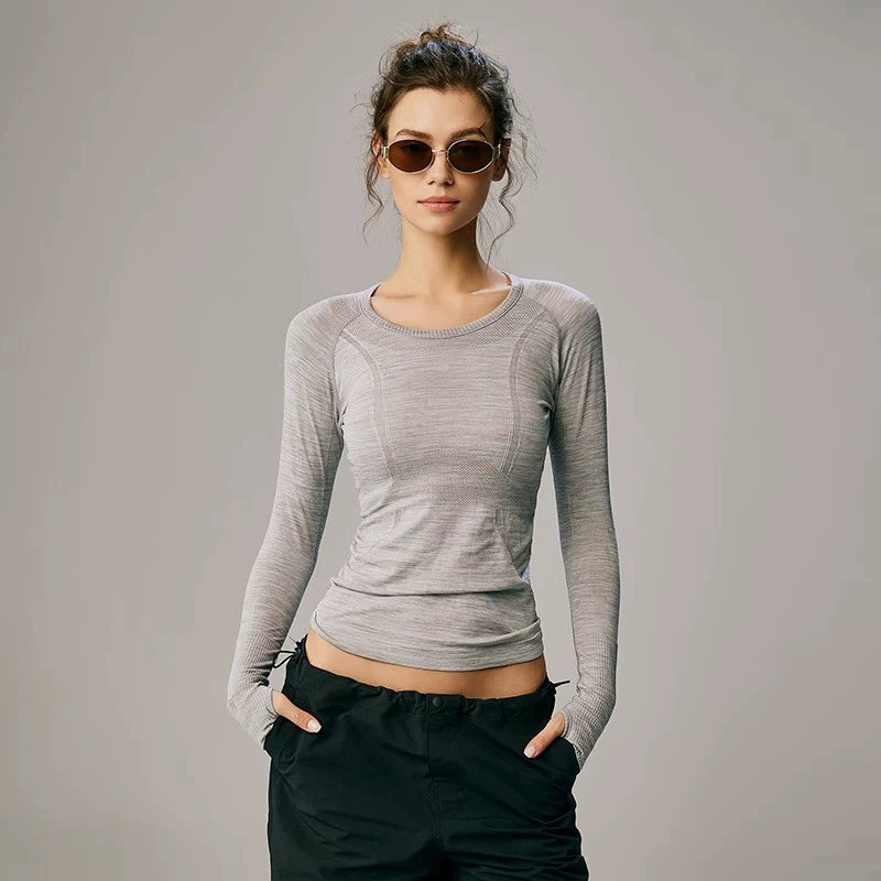 Quần áo thể thao mùa thu đông dài tay nhanh khô, quần áo tập thể dục chạy bộ yoga màu xám, áo nỉ ôm vừa vặn, bộ đồ thể dục mùa thu
