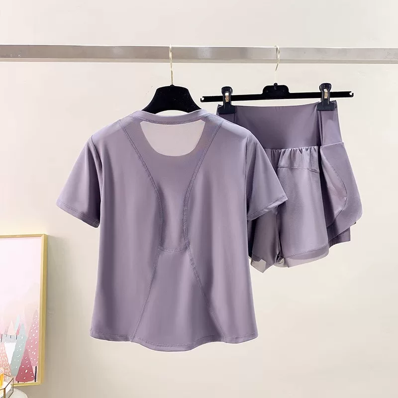 Bộ đồ thể thao chạy bộ mùa hè dành cho nữ, rộng rãi, nhanh khô, bộ đồ tập yoga mỏng, giảm béo, thoáng khí, quần short cạp cao tập thể dục