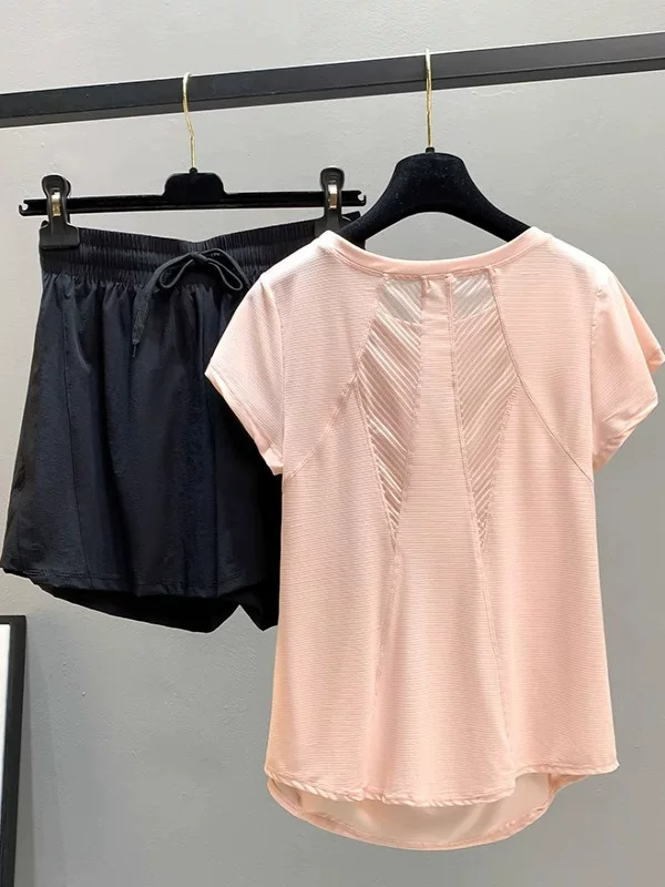 Quần áo tập yoga ngắn tay dành cho nữ mùa hè giảm béo và che phủ cơ thể khi chạy buổi sáng ngoài trời Áo thun thể thao nhanh khô chạy bộ cầu lông bộ đồ thể dục