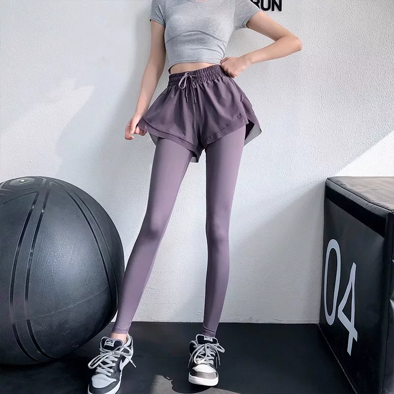 Quần legging thể thao giả hai mảnh dành cho nữ, ôm sát, nhanh khô, thích hợp cho mùa xuân hè, chạy bộ, tập thể dục, chống lộ, cạp cao, khiêu vũ, quần tập yoga.