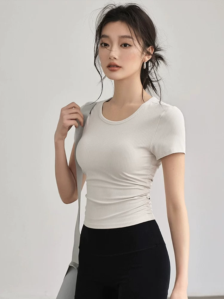 Quần áo tập yoga thể thao cho nữ, áo thun ngắn tay nhanh khô, áo tập chạy bộ cổ tròn giảm béo mới mùa xuân hè 2024