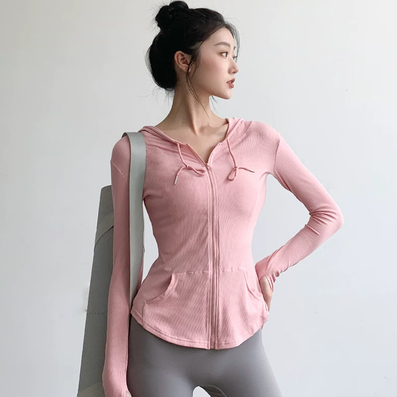 Áo thể thao yoga dành cho nữ, áo khoác thường ngày dáng ôm, nhanh khô, tay dài, có mũ trùm đầu, kiểu mới thu đông, quần áo tập thể dục