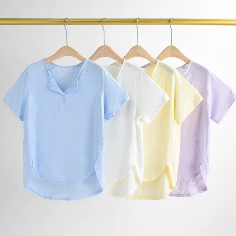 Quần áo thể dục nhanh khô phong cách mới áo thun dáng rộng họa tiết bông tuyết mỏng dệt jacquard thể thao sảng khoái yoga chạy bộ thể dục hàng đầu dành cho nữ