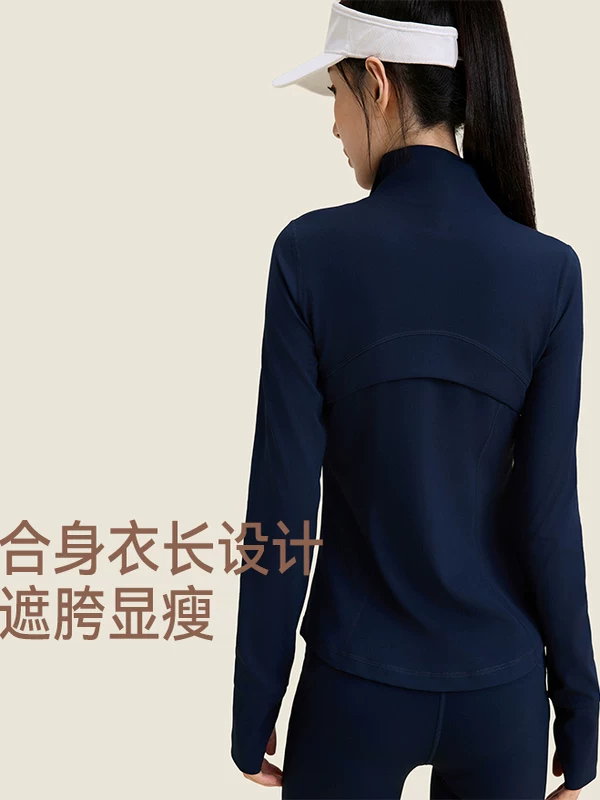 Áo thể thao cổ đứng tay dài mùa thu 2025 dành cho nữ tập luyện chạy bộ màu xanh dương ôm dáng áo khoác yoga