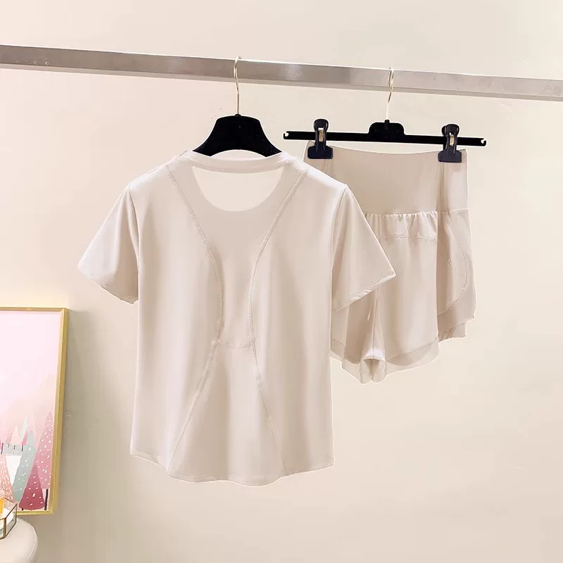 Bộ đồ thể thao chạy bộ mùa hè dành cho nữ, rộng rãi, nhanh khô, bộ đồ tập yoga mỏng, giảm béo, thoáng khí, quần short cạp cao tập thể dục