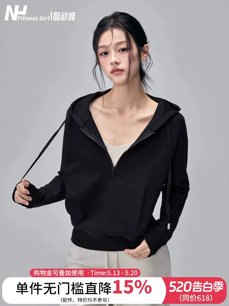 Áo thể thao nữ nửa khóa kéo, tay dài, có mũ, kiểu dáng thường ngày, dùng cho chạy bộ ngoài trời, tập luyện, chất liệu thấm hút mồ hôi, kiểu dáng rộng rãi, áo tập yoga