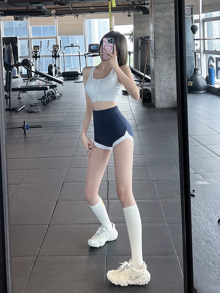 Quần short thể thao phối màu thời trang hè, ôm sát, cạp cao, nâng mông, liền mạch, dùng làm đồ mặc ngoài