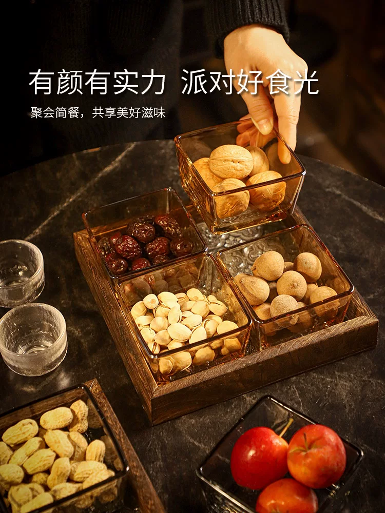 Đĩa thủy tinh vuông có ngăn, đĩa đựng trái cây, đĩa đựng đồ ăn nhẹ gia đình, đĩa đựng kẹo phòng khách, đĩa đựng hạt khô