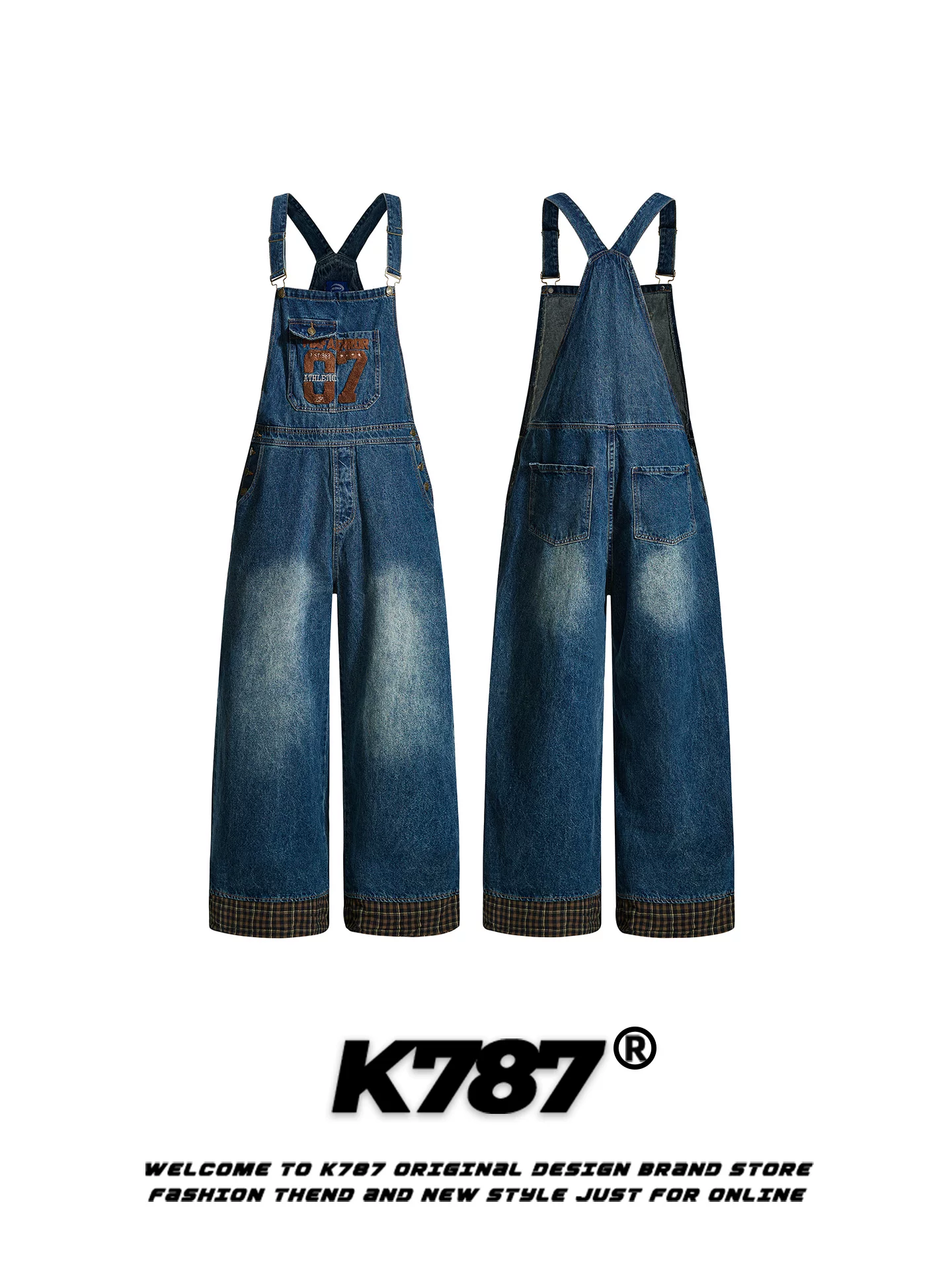 Quần yếm denim thêu kỹ thuật số kiểu Mỹ cổ điển K787 dành cho nam và nữ, kiểu dáng rộng rãi, thoải mái, ống thẳng, màu phai, thời trang