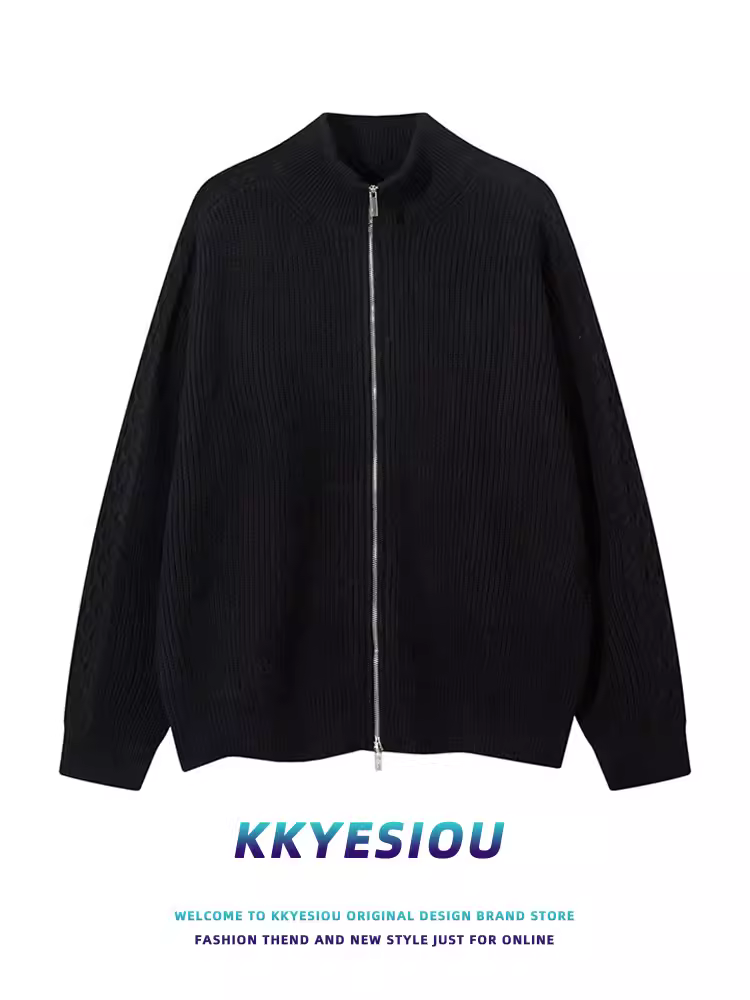 Áo khoác cardigan dệt kim màu trơn kiểu Mỹ cổ điển KKyesiou dành cho nam và nữ, áo len màu xám có khóa kéo phong cách giản dị