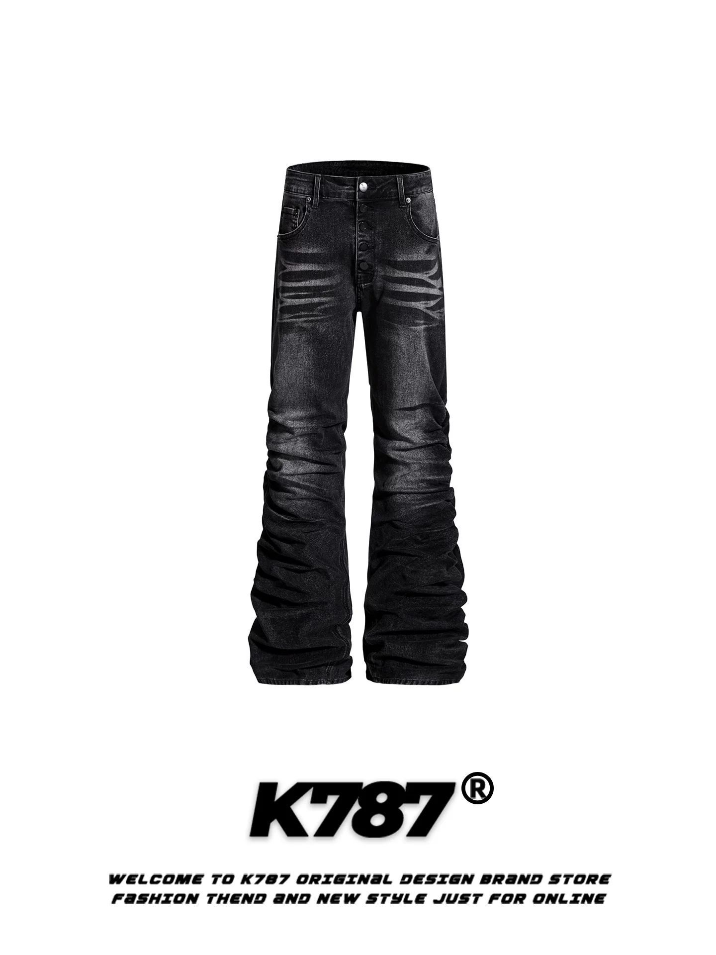 Quần jeans xếp ly dáng rộng kiểu Mỹ cổ điển K787 dành cho nam và nữ, chất liệu washed, kiểu dáng thẳng đứng, cạp cao, tôn dáng, dài.