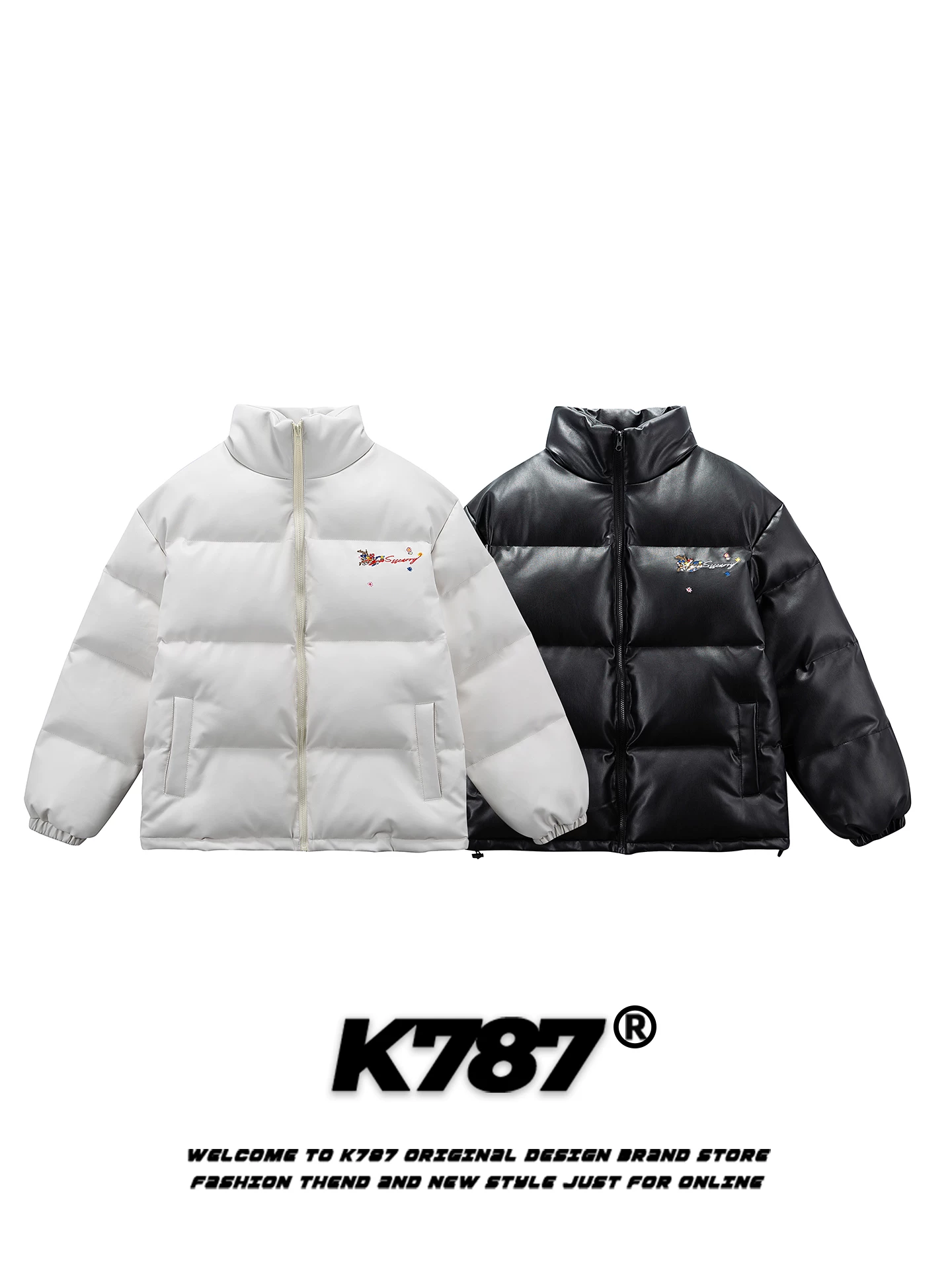 Áo khoác phao unisex dày dặn ấm áp kiểu dáng đường phố Mỹ K787, thêu hoa chữ, cổ đứng, chất liệu cotton, dành cho cặp đôi, mùa đông