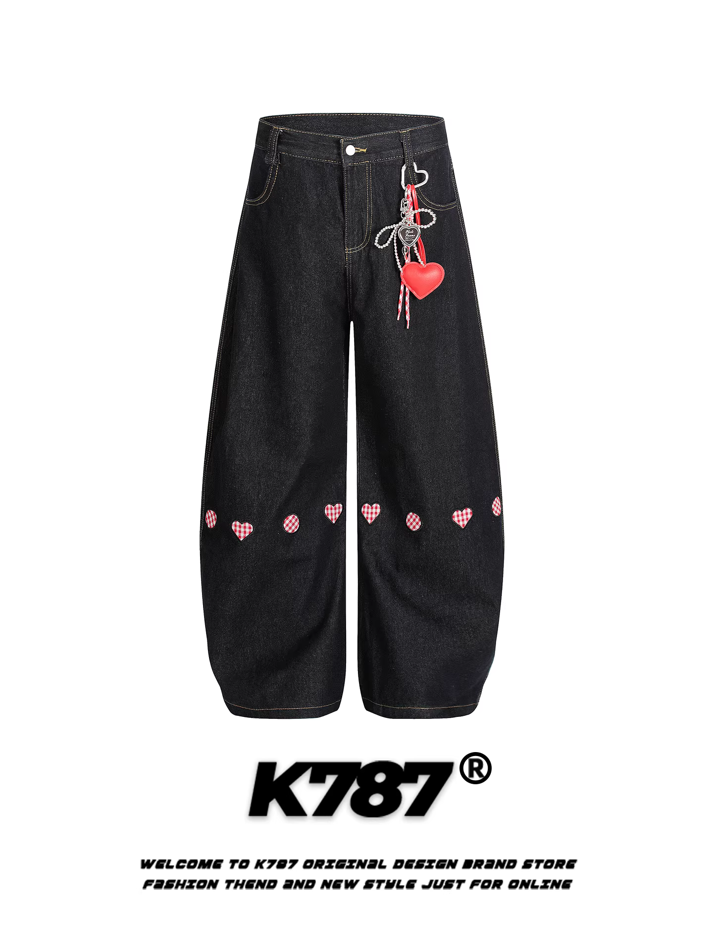Quần jeans unisex dáng rộng cạp cao phong cách đường phố Mỹ K787, thêu hình trái tim, chất liệu denim, kiểu dáng thời trang, giặt mài.