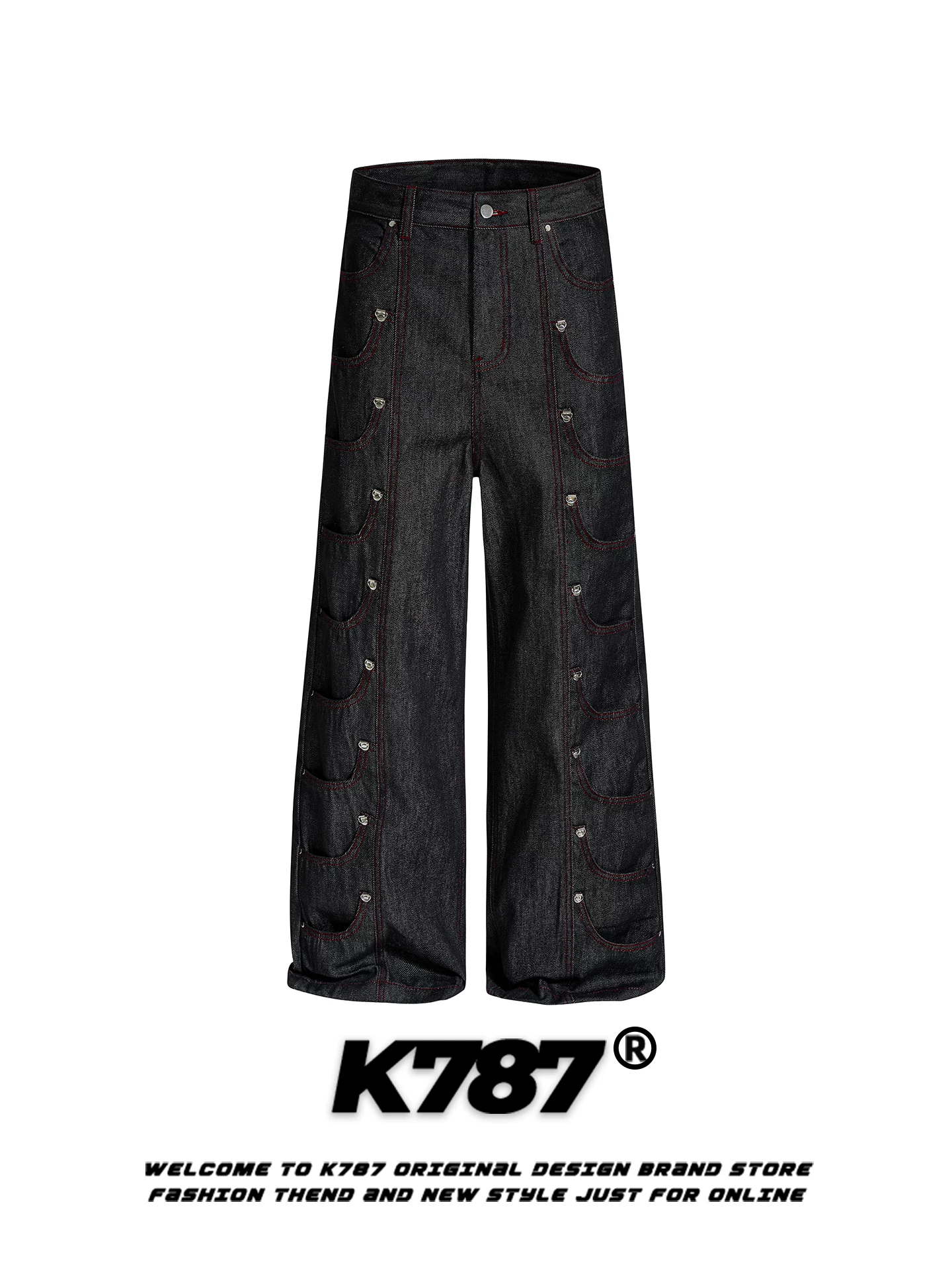 Quần jeans thiết kế nhiều túi kiểu Mỹ cổ điển K787 dành cho nam và nữ, xu hướng quốc gia, dáng rộng, trang trí kim loại, ống thẳng, ống rộng