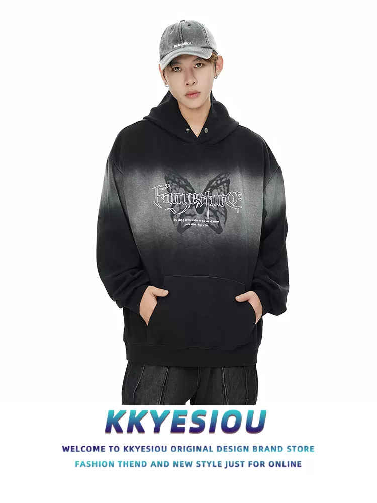 Áo hoodie thêu hình bướm phong cách retro Mỹ, unisex, dáng rộng, in họa tiết phun sơn, dành cho cặp đôi