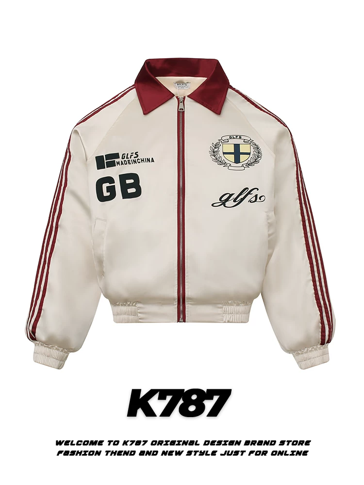 Áo khoác cotton dày dặn kiểu dáng cổ điển Mỹ K787, kẻ sọc, may chần bông, unisex, phong cách biker, thêu họa tiết, áo khoác đôi mùa đông