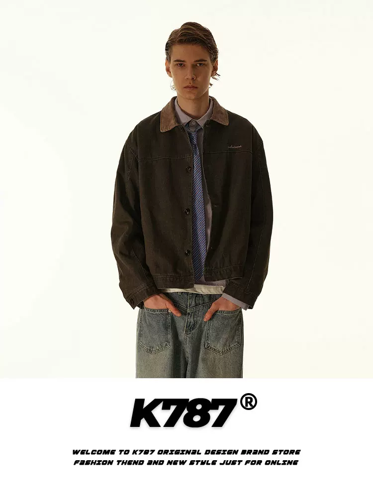 Áo khoác ngắn kiểu dáng unisex K787 phong cách Mỹ cổ điển, phối màu, cổ trụ, thương hiệu thời thượng, phong cách cleanfit, kiểu dáng nhà kho, áo khoác công nhân.