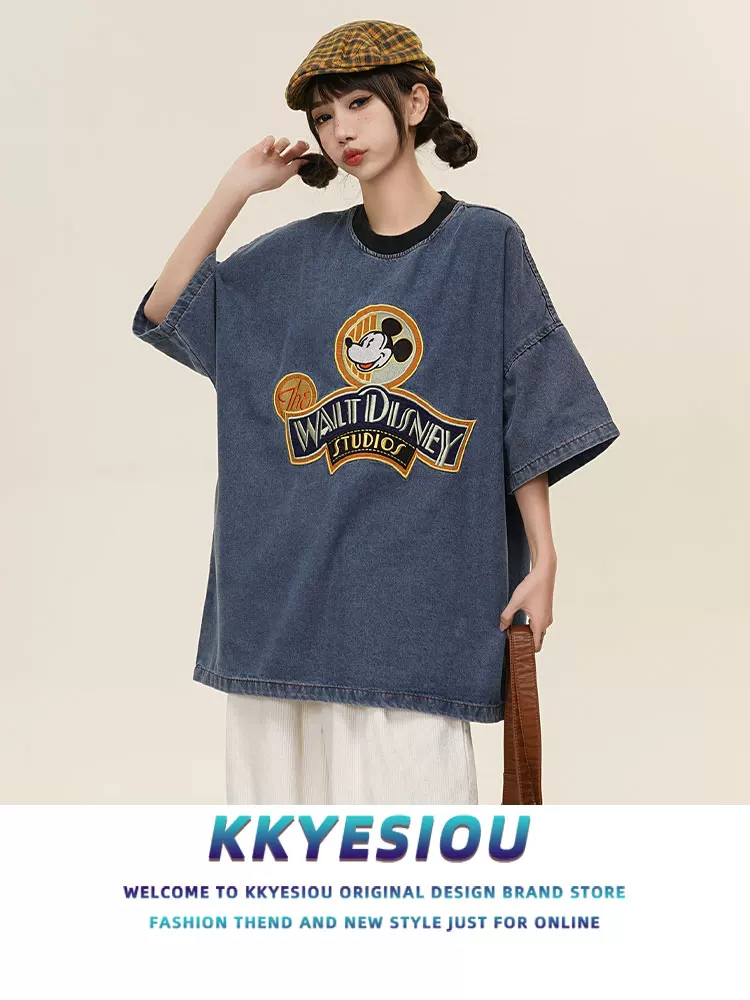 Áo thun ngắn tay thêu hình chuột thương hiệu KKyesiou hợp thời trang dành cho nam và nữ áo denim oversize đa năng dành cho cặp đôi