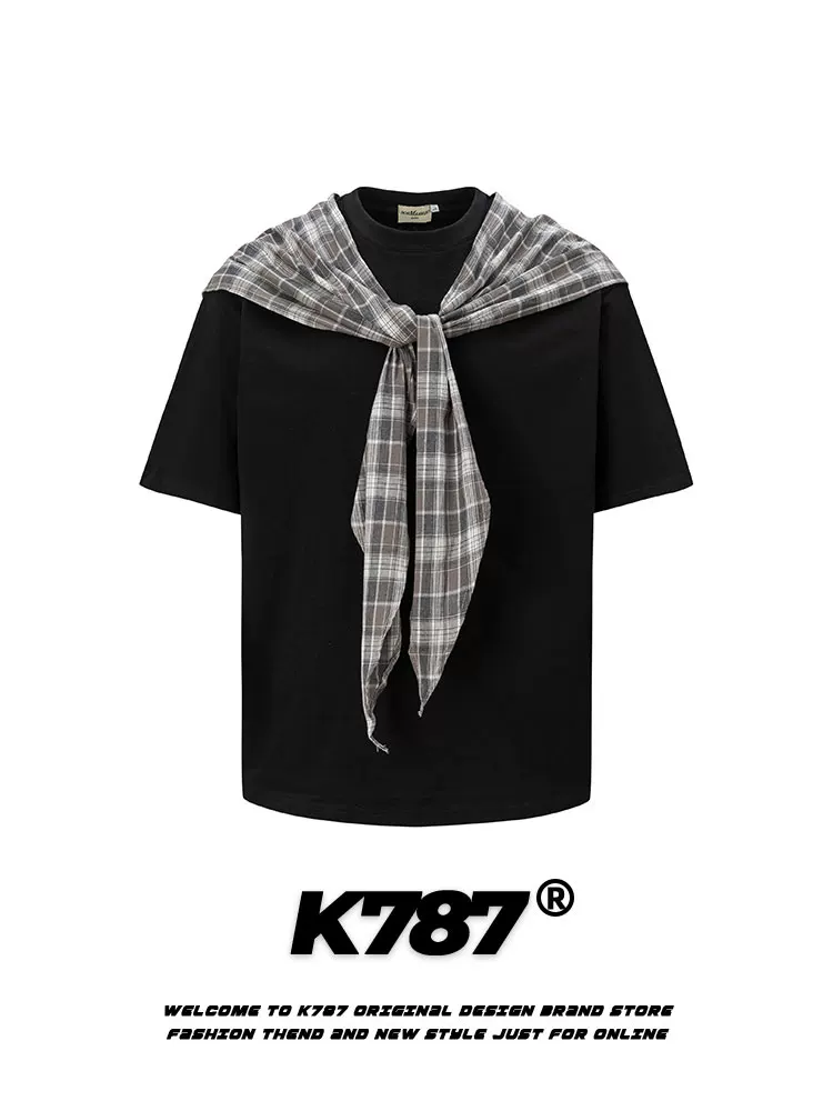 K787 Áo thun ngắn tay giả hai mảnh kiểu cổ điển Mỹ dành cho nam và nữ, áo nửa tay dáng rộng phong cách đại học giản dị