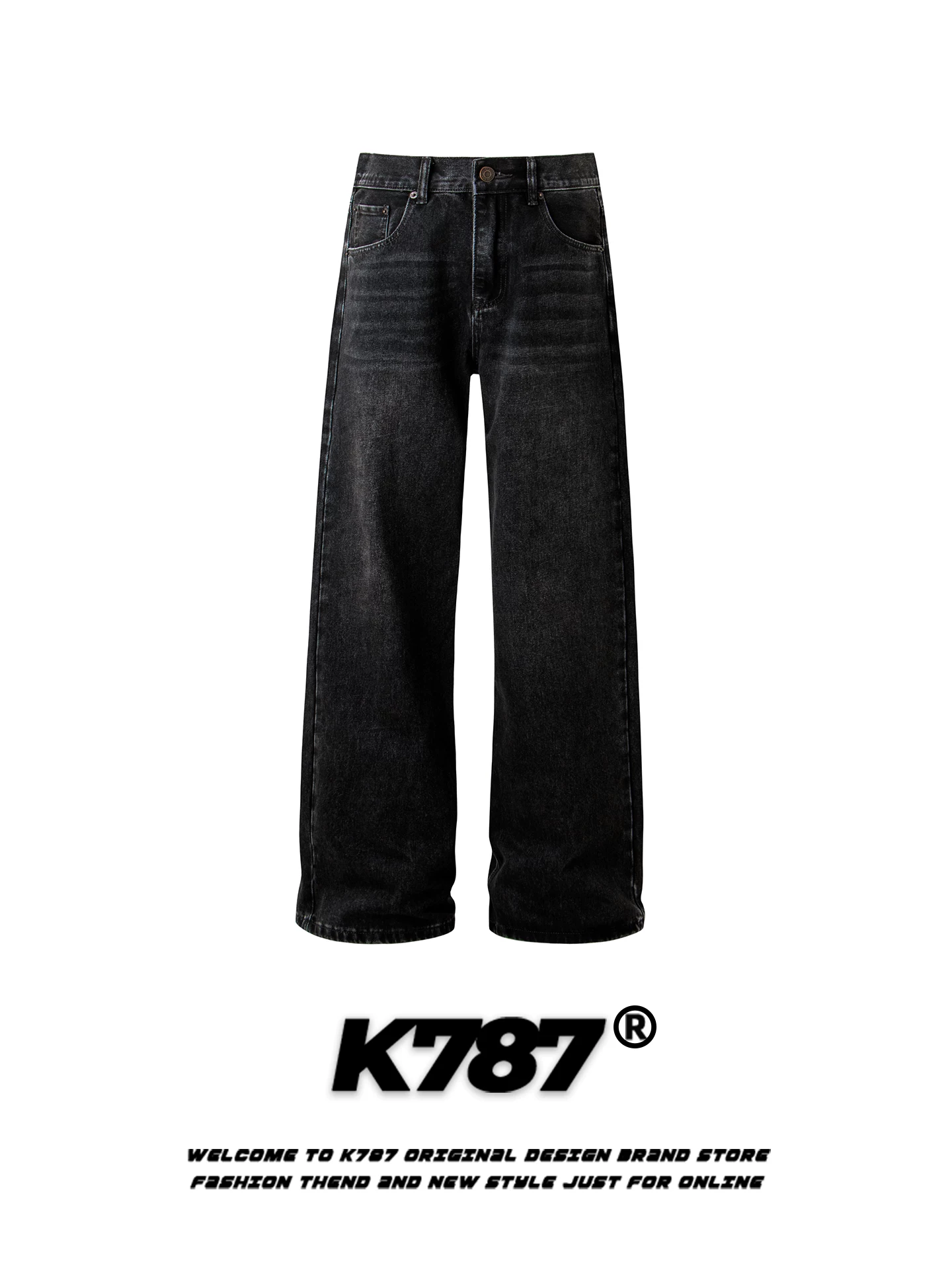 Quần jeans K787 kiểu Mỹ cổ điển, xước, dành cho nam và nữ, cạp cao, dáng rộng, phong cách đường phố, quần ống rộng dài chấm đất