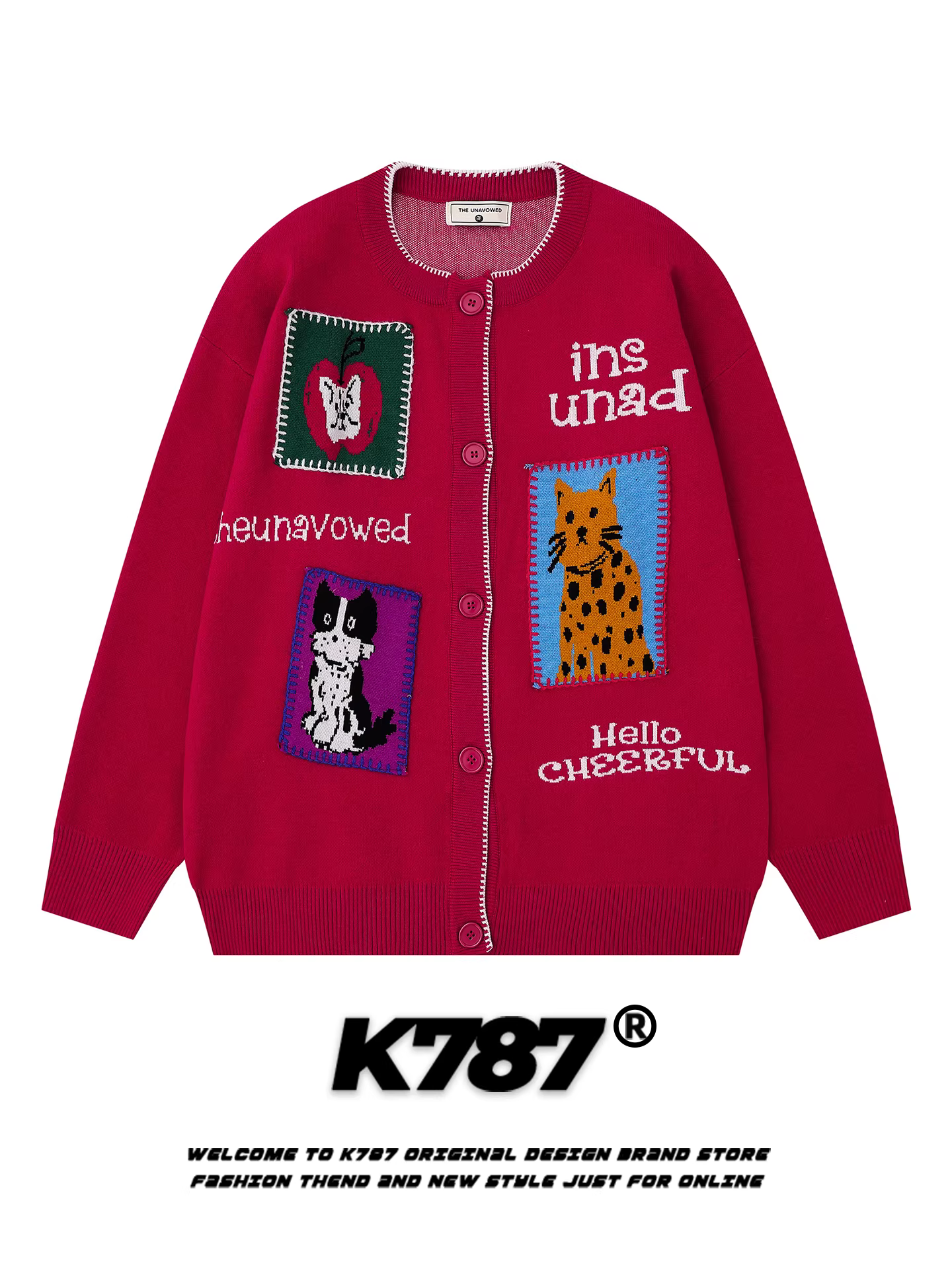 Áo len cardigan mèo cổ điển kiểu Mỹ K787 dành cho nam và nữ, kiểu dáng rộng rãi và thoải mái, áo khoác dệt kim màu đỏ dành cho cặp đôi