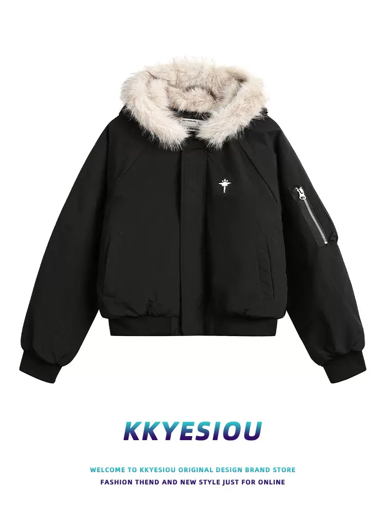 Áo khoác cotton ngắn dày dặn mùa đông kiểu Mỹ cổ điển K787 năm 2025, có cổ lông, dành cho nam và nữ, áo khoác cặp màu trơn phong cách Chanel