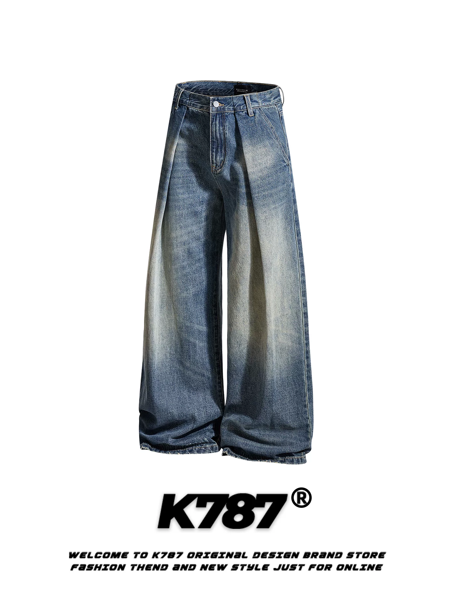 Quần jeans K787 kiểu Mỹ cổ điển, xước, nhăn, rách, unisex, dáng rộng, phong cách đường phố, dài chấm đất, cạp cao, ống thẳng, ống rộng