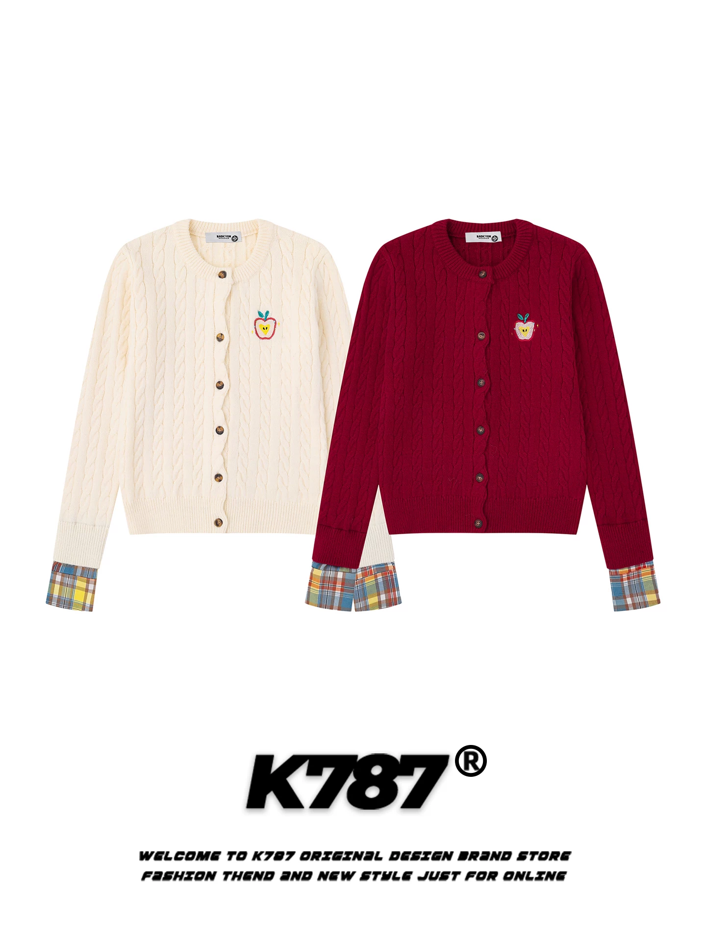 Áo len cardigan thêu hình quả táo kiểu Mỹ K787 dành cho nữ, áo khoác len ngắn màu đỏ đô phong cách lười biếng