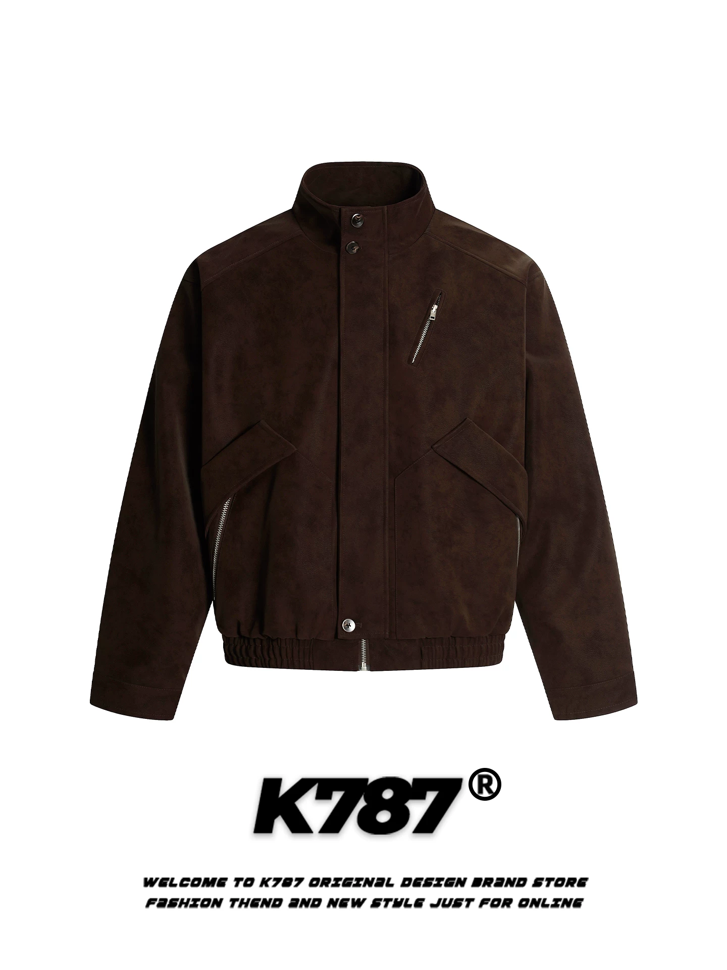 K787 Áo khoác da lộn ngắn cổ đứng phong cách retro cleanfit của Mỹ dành cho nam và nữ, áo khoác cặp đôi giản dị theo xu hướng quốc gia