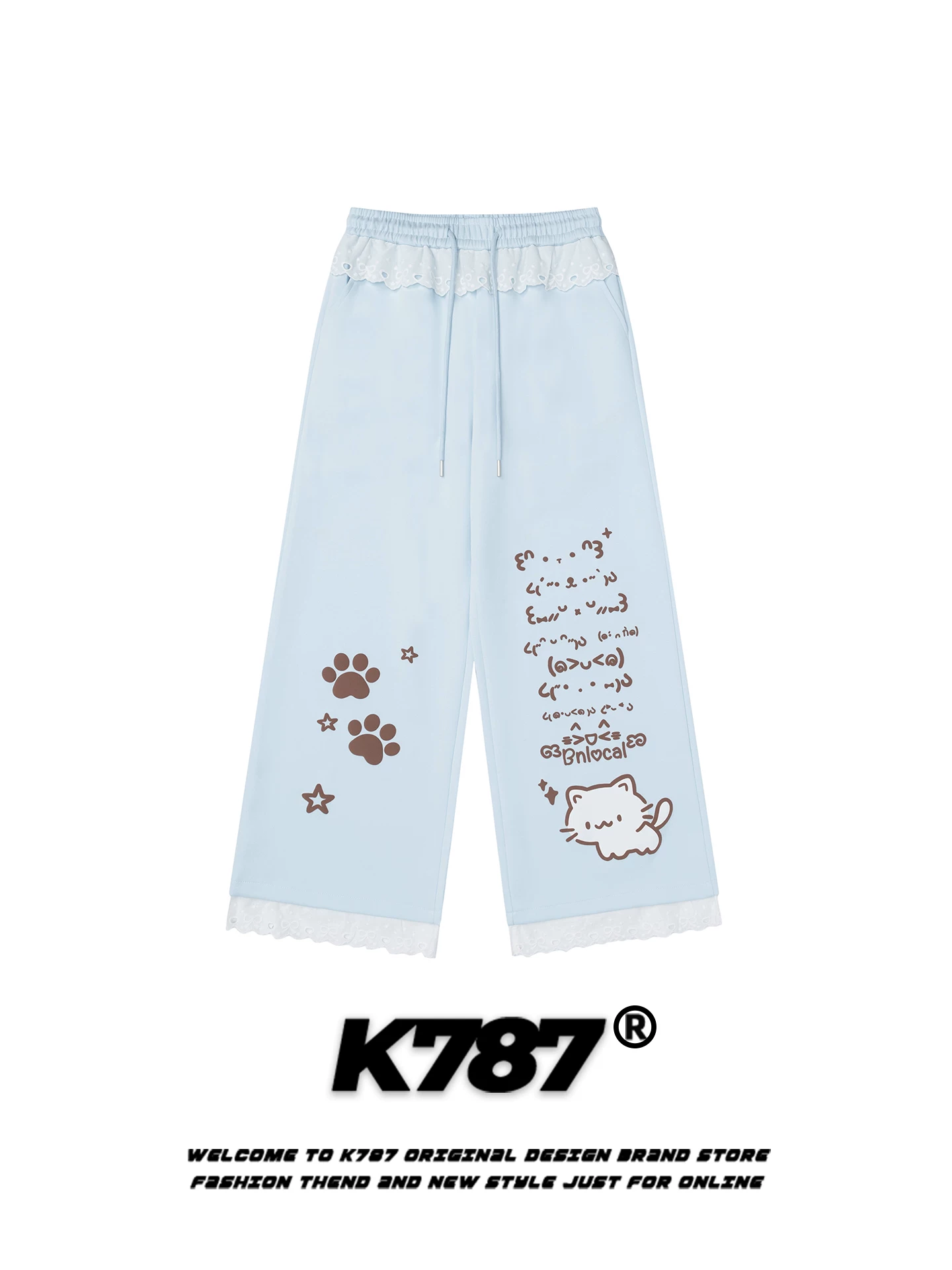 K787 Quần kiểu Nhật dễ thương hình mèo hoạt hình phối ren quần âu unisex lưng cao đa năng dáng rộng phối màu quần ống thẳng