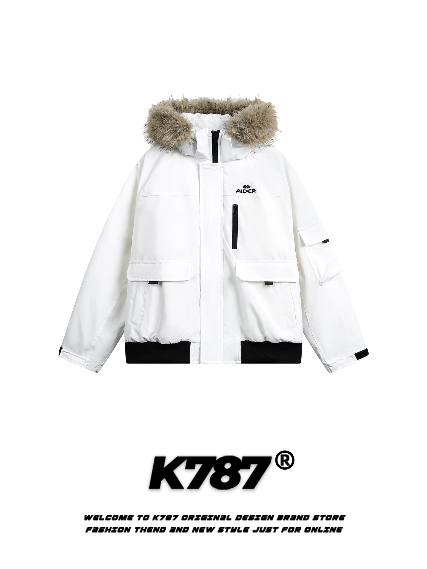 K787 Áo khoác cotton có mũ trùm đầu cổ lông lớn phong cách retro của Mỹ dành cho nam và nữ, thương hiệu thời trang rộng rãi, ấm áp và đa năng, áo khoác cotton dày dặn dành cho cặp đôi trong mùa đông.