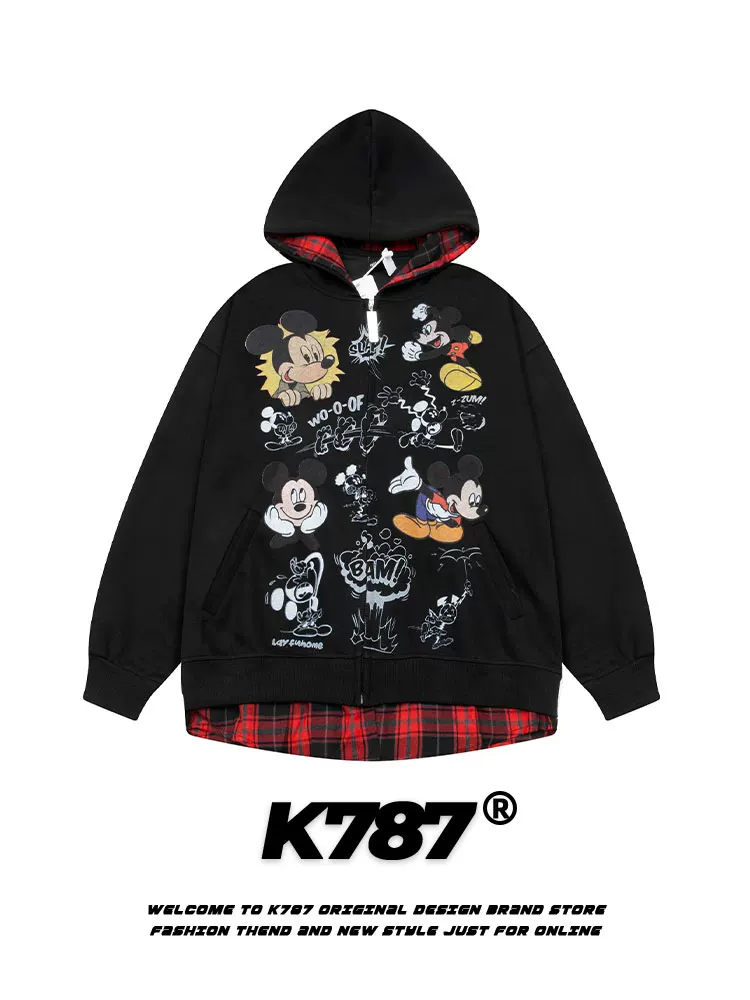K787 khí quyển phim hoạt hình cổ điển Mỹ vui nhộn áo hoodie có mũ trùm đầu unisex dây kéo áo khoác màu đỏ trang phục cặp đôi phong cách ngắn