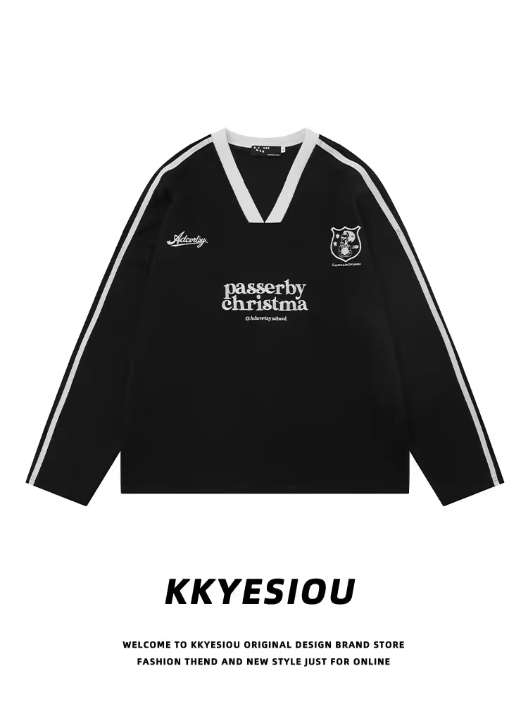 Áo thun thể thao cổ chữ V thêu thương hiệu KKyesiou theo phong cách retro Mỹ dành cho nam và nữ áo oversize đường phố cao cấp dành cho cặp đôi