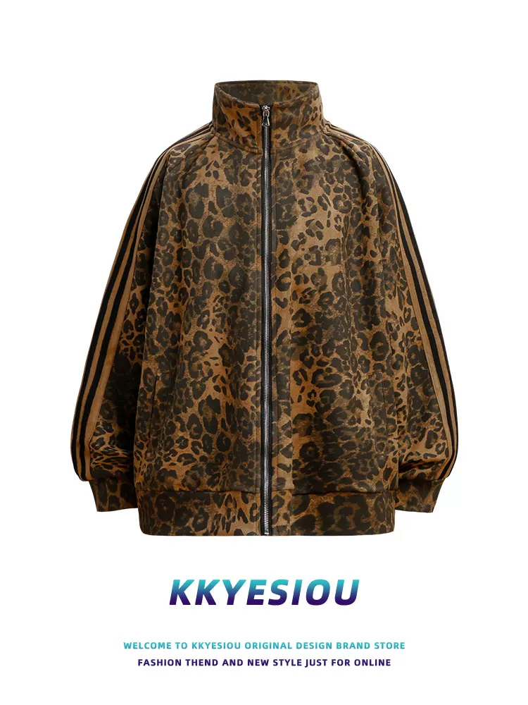 Bộ đồ hip-hop họa tiết da báo KKyesiou với áo sweatshirt cổ đứng dành cho nam và nữ, quần thường ngày, bộ hai mảnh phong cách đường phố