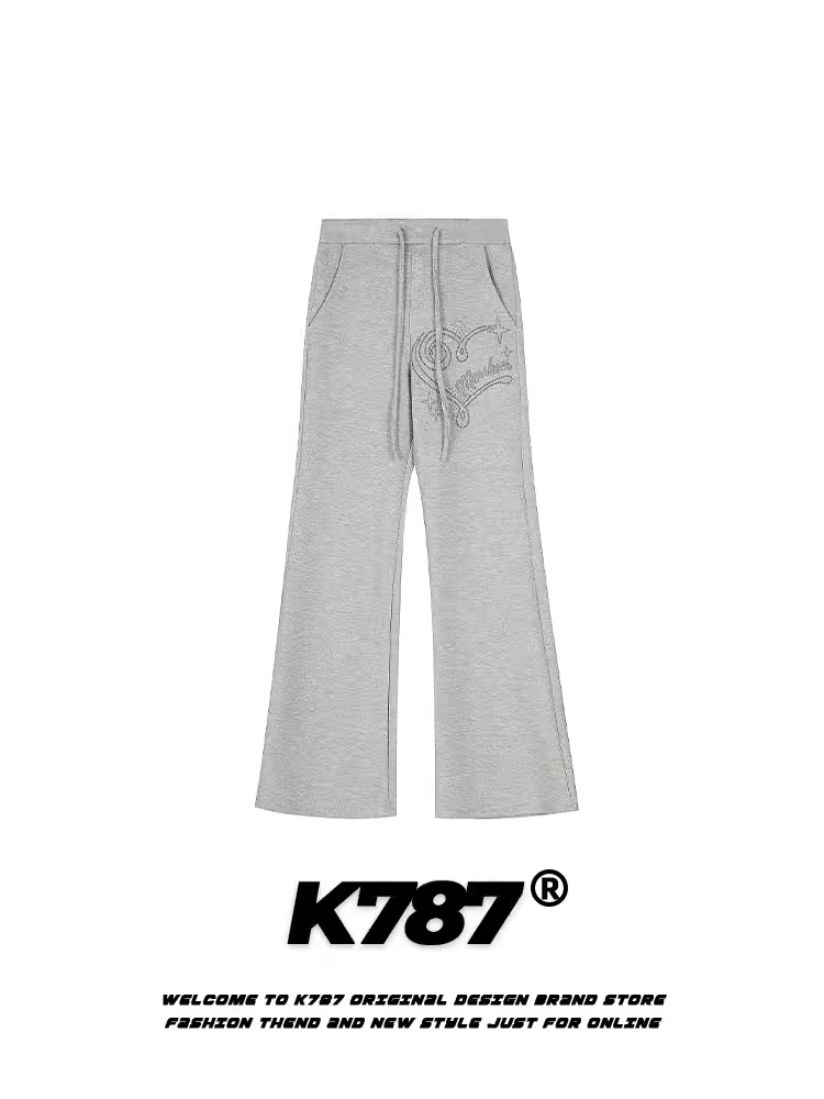 Quần thể thao unisex dáng rộng ống đứng cạp cao phong cách đường phố, kiểu dáng retro Mỹ, đính đá, mã K787