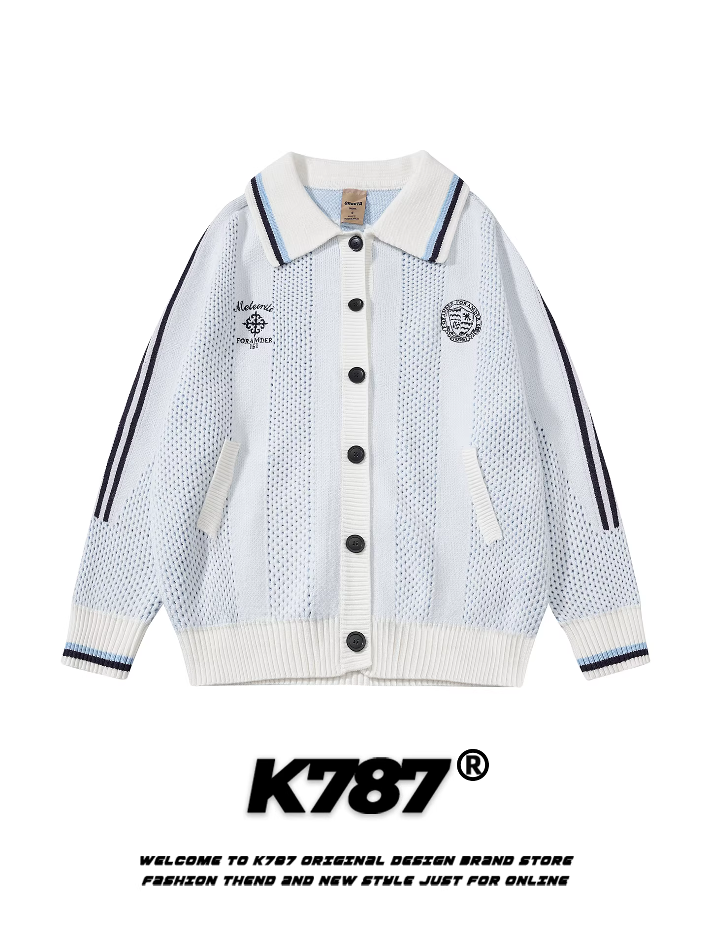 Áo len dệt kim phối lưới kiểu Mỹ K787, dáng rộng, phong cách thời trang, phối sọc, có huy hiệu, unisex, phong cách sinh viên, áo cardigan đôi.