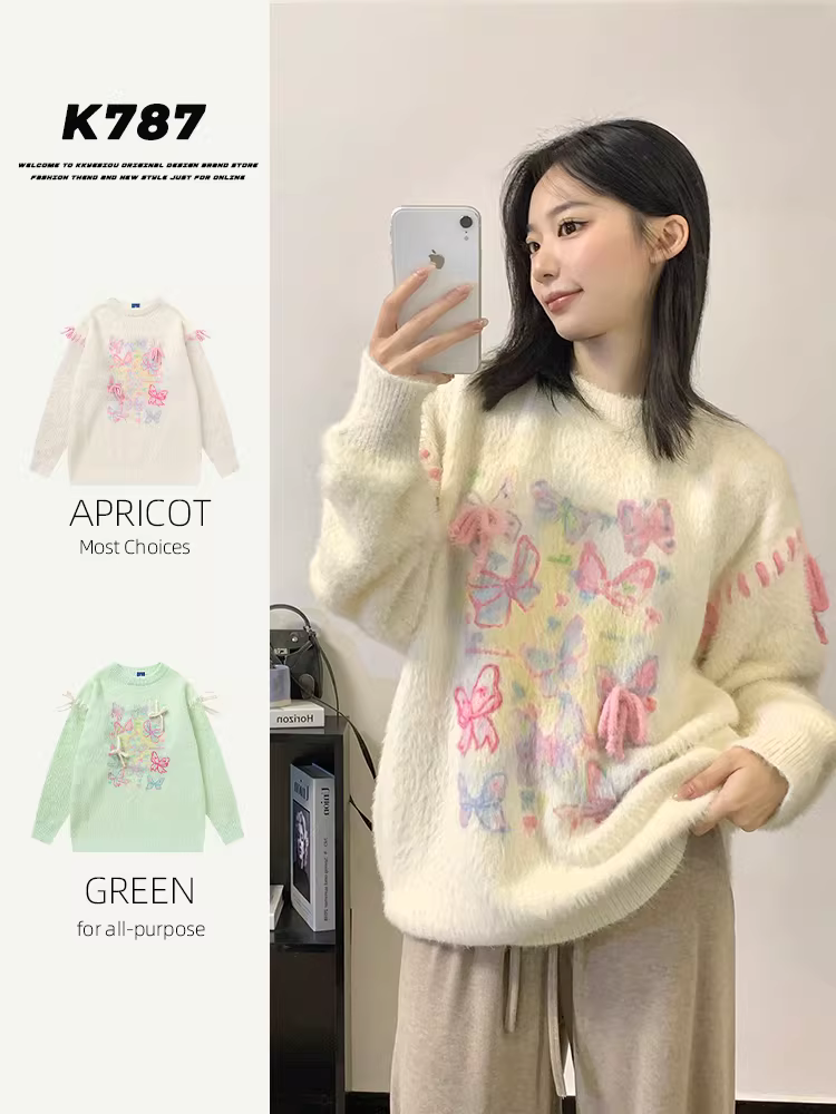 Áo len KKyesiou kiểu Mỹ cổ điển, thắt nơ, ngọt ngào dành cho nam và nữ, dáng rộng, có dây buộc, dành cho cặp đôi