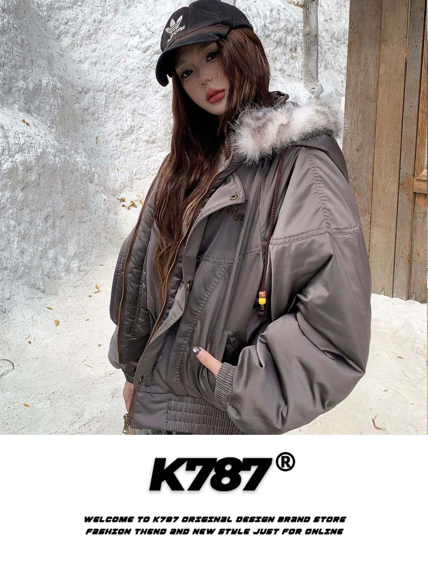 Áo khoác cotton có mũ trùm đầu, cổ lông, thêu chữ phong cách đường phố Mỹ K787 dành cho nam và nữ, kiểu dáng rộng rãi, chất liệu dày dặn, áo khoác đôi.